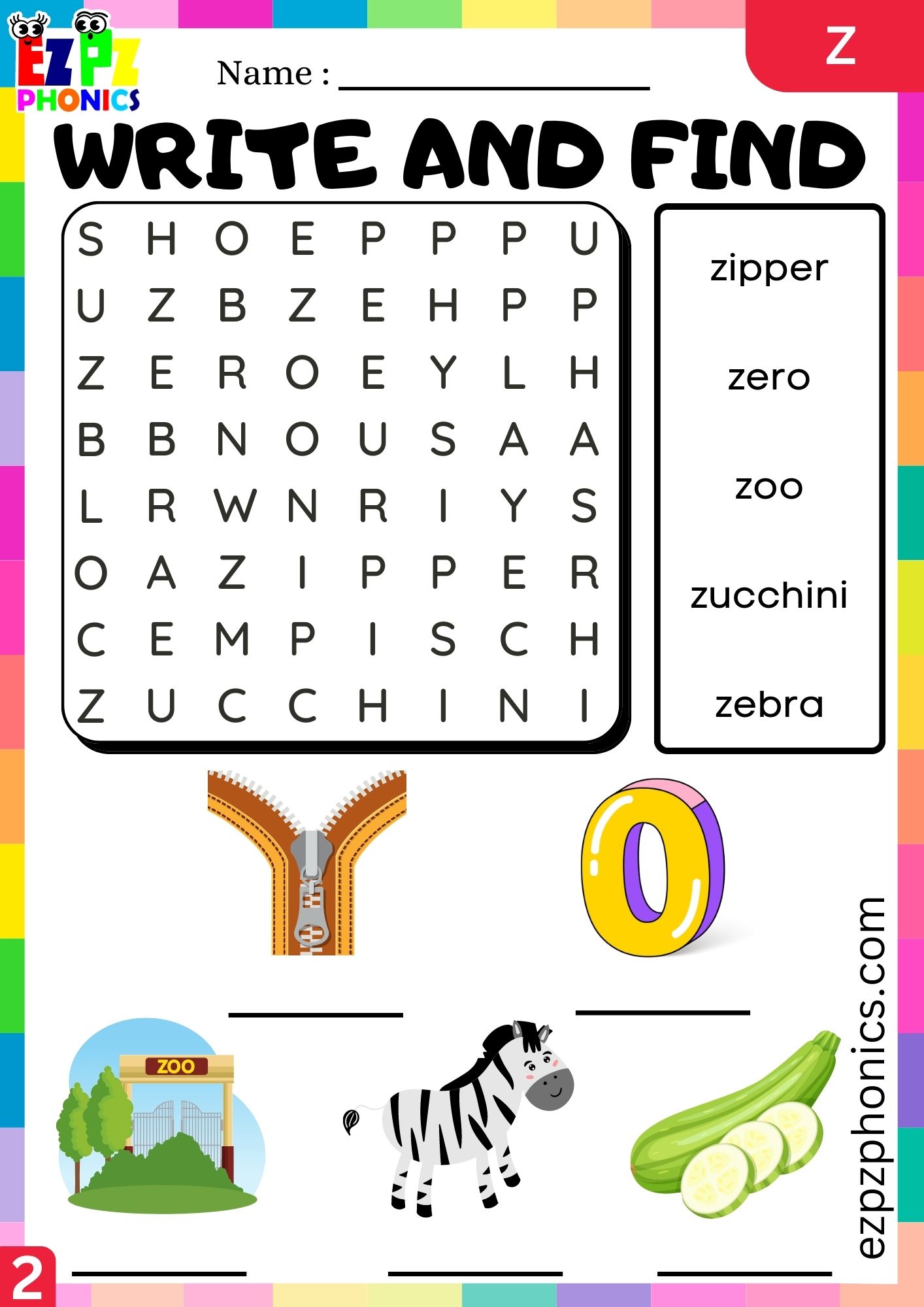 Letter Z Word Search